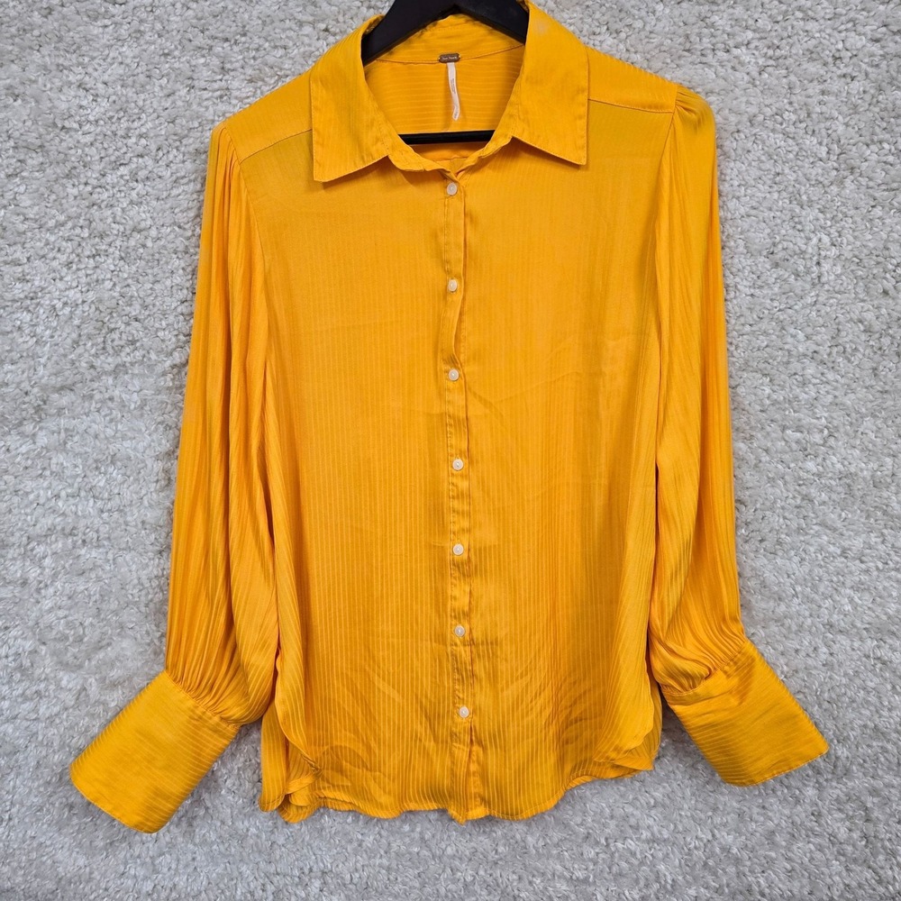 Free People Serena Blouse Womens L Yellow Long Sleeve Button‎ Down Top
